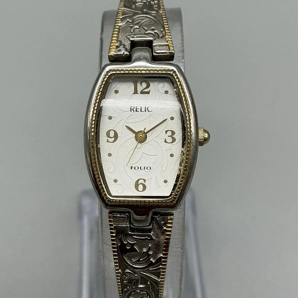 Relic Folio Womens Watch 18mm Two Tone Scrolled Band New Battery 6.75